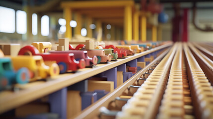Wooden toys on a conveyor belt in a factory