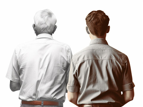 A young man and an old man are standing together, viewed from the back and on an isolated white background. Generative AI
