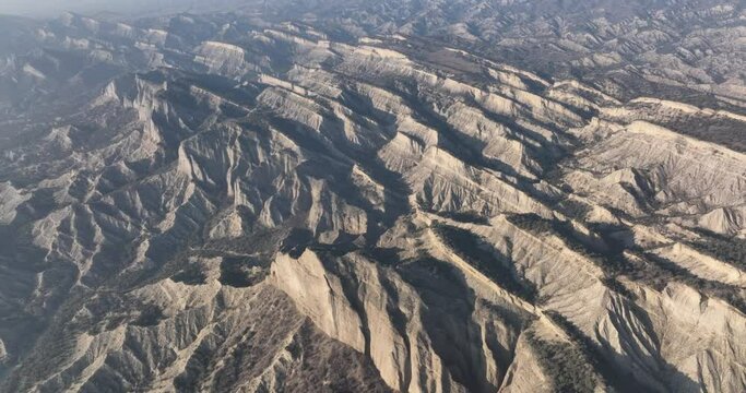 Aerial view of beautiful textures and hills in Vashlovani national park. Gorgeous place in Georgia.