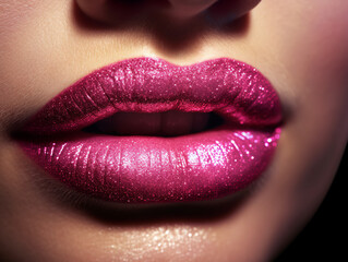 Closeup portrait of beautiful female lips with pink glossy lipstick. Beauty, fashion