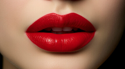 Obraz premium Closeup shot of beautiful female lips with red lipstick. Make-up and cosmetics