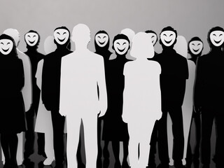 大衆の中に潜む複数の犯罪者のシルエット　3Dイラストレーション