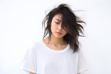 Fototapeta premium 寝起きの女性 白背景 with generative ai