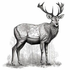 Barasingha Deer llustration black and white 
