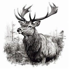 Majestic Deer Illustration black and white 