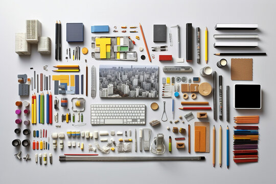 Collection of architect labor tools on white background organized