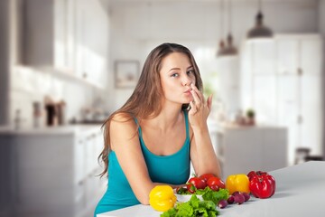 Portrait of beauty slim healthy woman cooking  food