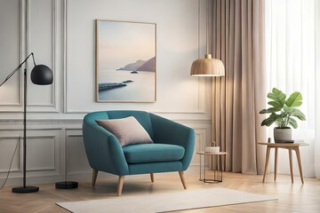 A beautiful canvas frame 3D mockup in modern living room, bed room, kitchen, bathroom interior, Created with AI
