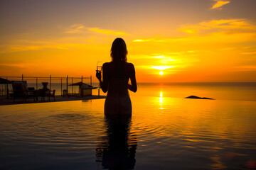 Woman watching the sunset with a cocktail in an infinity pool, showcasing luxury lifestyle, generative ai