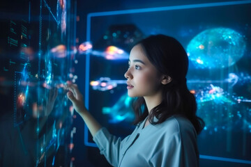 Fototapeta na wymiar Young Asian woman wondering of new technology, curiosity, looking at holographic digital display, generative ai