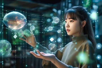 Young Asian woman wondering of new technology, curiosity, looking at holographic digital display, generative ai