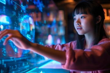 Fototapeta na wymiar Young Asian woman wondering of new technology, curiosity, looking at holographic digital display, generative ai