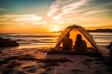 Fototapeta na wymiar Young couple camping and relaxing on a beach watching the sun set. Silhouettes with setting sun., generative ai