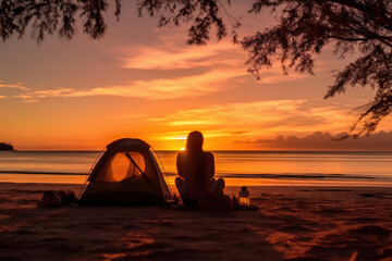 Fototapeta na wymiar Young couple camping and relaxing on a beach watching the sun set. Silhouettes with setting sun., generative ai