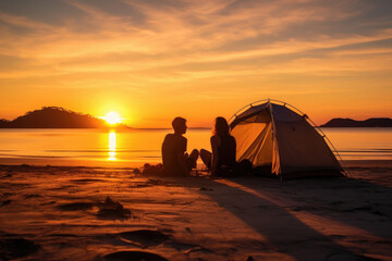 Young couple camping and relaxing on a beach watching the sun set. Silhouettes with setting sun., generative ai