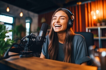 Young female influencer recording a video for social media, capturing her lifestyle and setting the latest trends. Female content creator, generative ai