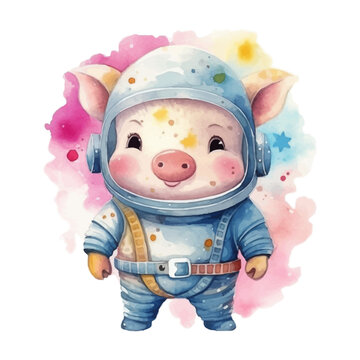 Cute astronaut pig cartoon in watercolor painting style