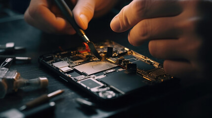 A technician repairing a broken smartphone
