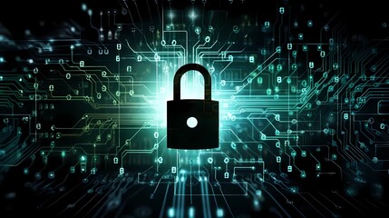 Cybersecurity padlock on a circuit board, data and   network information protection; technology abstract concept Generative AI