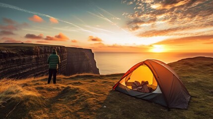 camper gazing at a two-sun sunset on a distant planet generative ai