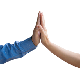 Hands of a businessman and woman giving each other five, isolated. Transparent background.