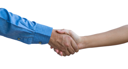 Shake hands. Businessman shaking hand with a woman, close up view. Isolated, transparent background.