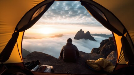 Fototapeta na wymiar hiker resting in a tent on a mountain generative ai
