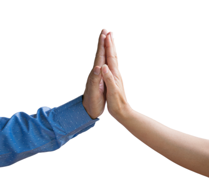 Hands of a businessman and woman giving each other five, isolated. Transparent background.
