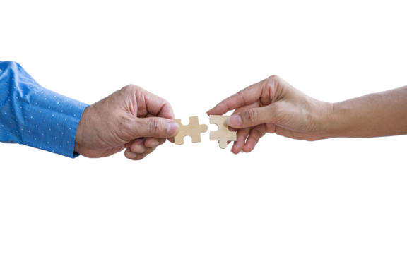 Businessman and woman's hands trying to connect puzzle pieces, isolated on transparent background. - Powered by Adobe