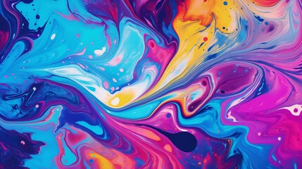 An abstract painting with vibrant blue, yellow, and pink colors