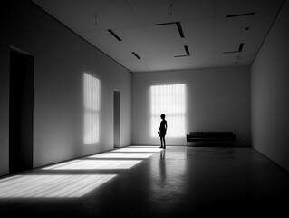 Obraz premium black and white picture of a silhouette in the empty room generative AI
