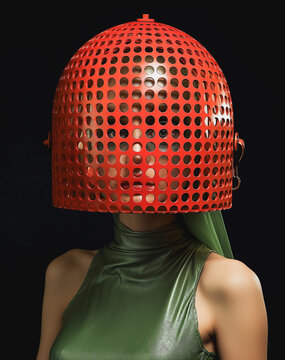 Fashion model wearing bizarre outfit including a red metal cage on her head and covering her face. 