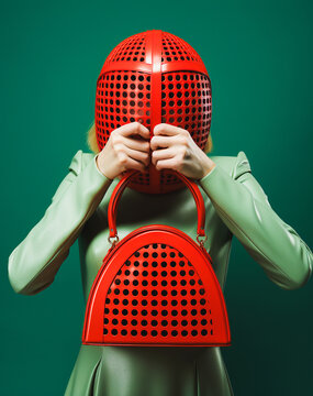 Fashion model wearing bizarre outfit including a red metal cage on her head and covering her face. 
