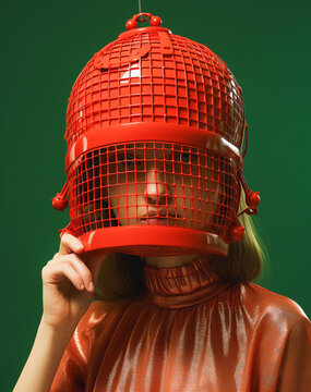 Fashion model wearing bizarre outfit including a red metal cage on her head and covering her face. 