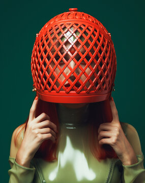 Fashion model wearing bizarre outfit including a red metal cage on her head and covering her face. 
