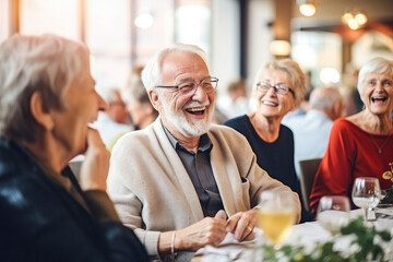 Joyful senior citizens enjoying companionship at a social club, having fun and smiling, Generative AI - obrazy, fototapety, plakaty
