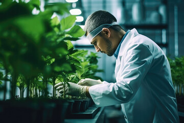 Botanist inspecting plants in a lab using genetic engineering and hydroponics, Generative AI