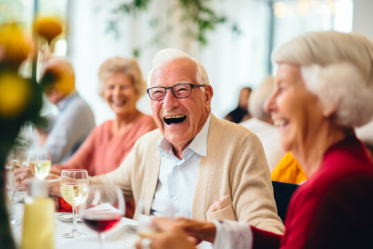 A candid photo of joyful senior citizens enjoying companionship at a social club, having fun and smiling, Generative AI