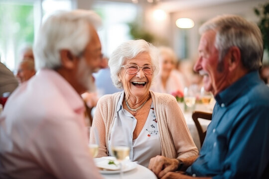 A candid photo of joyful senior citizens enjoying companionship at a social club, having fun and smiling, Generative AI