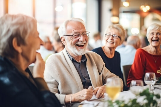 Joyful senior citizens enjoying companionship at a social club, having fun and smiling, Generative AI