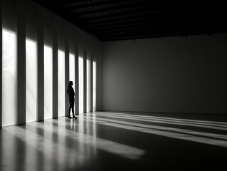 Obraz premium black and white picture of a silhouette in the empty room generative AI