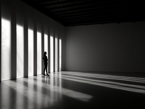 black and white picture of a silhouette in the empty room generative AI