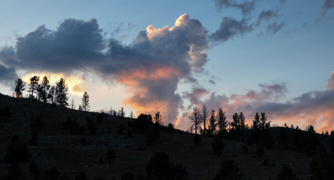 Panorama of Dramatic Clouds at Sunset Along the East Fork of the Carson River in California