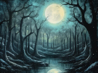 dark fantasy forest with moon in the sky AI generative