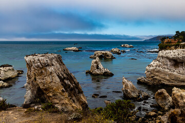 Sea Stacks at Dinosaur Caves Park. Birds take sanctuary on the rocks at  Dinosaur Caves Park in Pismo Beach, California