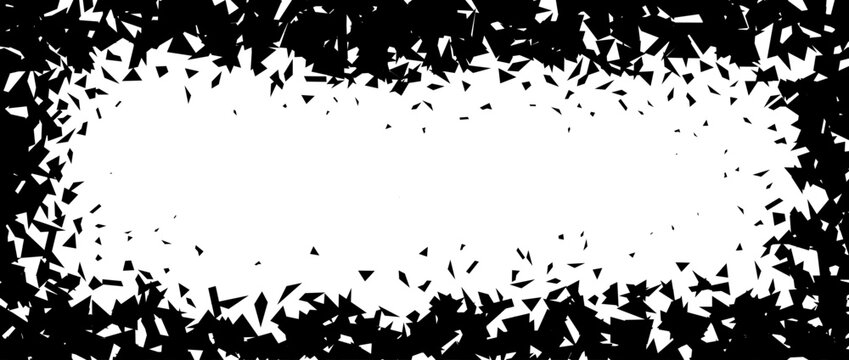 Debris and shatters in rectangle frame. Black broken pieces, specks, speckles, particles, shivers. Abstract explosion and burst textured rectangular element. Vector illustration 