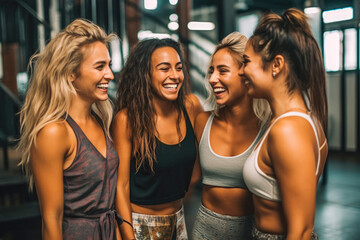 Group of women laughing after a gym workout, with joy and accomplishment, strengthening friendships while pursuing a healthy and active lifestyle together, generative ai