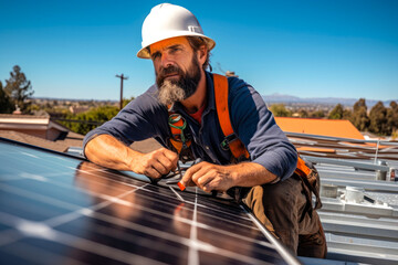 Solar power consultant expert on a roof installing solar panels. Switch to Green Energy, generative ai