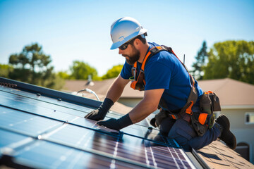 Solar power consultant expert on a roof installing solar panels. Switch to Green Energy, generative ai