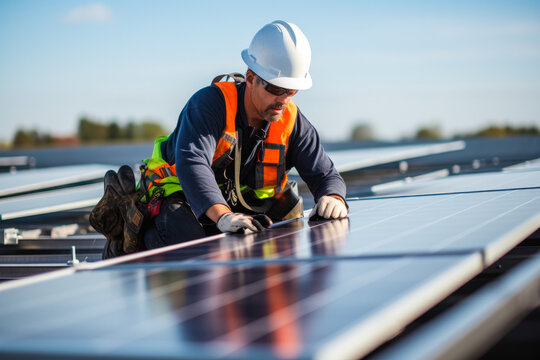 Solar power consultant expert on a roof installing solar panels. Switch to Green Energy, generative ai